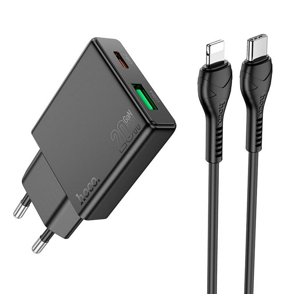 Сетевое ЗУ Hoco N38 20W/3A 1USB, 1Type-C + кабель Type-C to Lightning